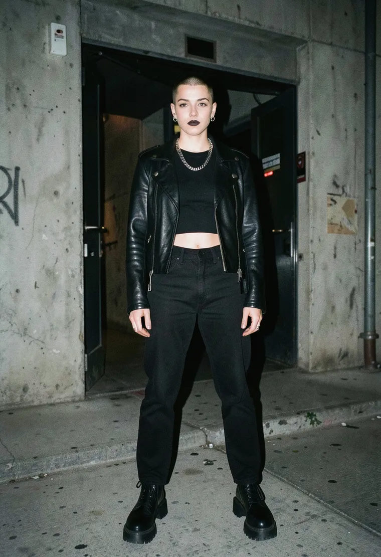 a 25-year-old queer techno enthusiast with buzzed hair and edgy piercings