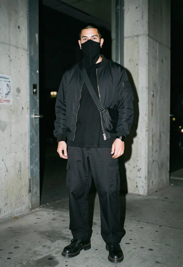 29-year-old non-binary Berlin-based techno DJ with minimal makeup, short buzzed hair dyed jet black, and a calm, unreadable expression