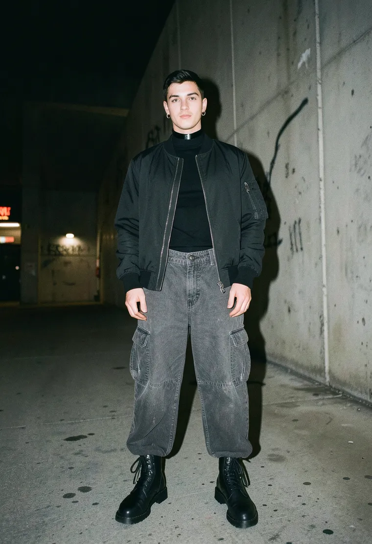A 29-year-old non-binary queer artist with a sleek, understated style, exuding calm confidence and a subtle edge, blending underground fashion with a touch of industrial influence.