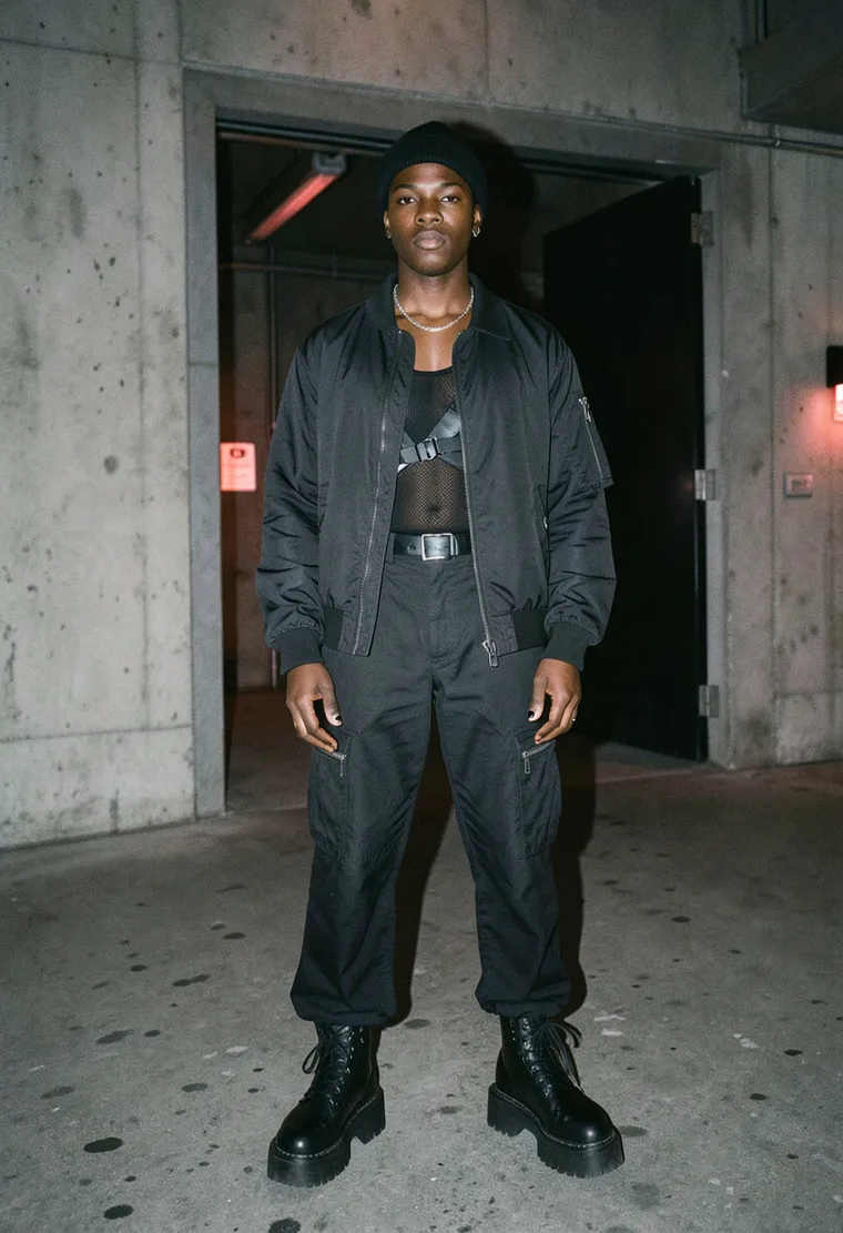 32-year-old Black queer nonbinary person, radiating quiet confidence and deep techno devotion.
