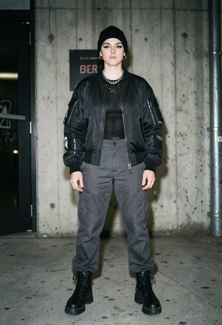 30-year-old non-binary individual with a striking cyberpunk aesthetic, exuding an air of understated cool.