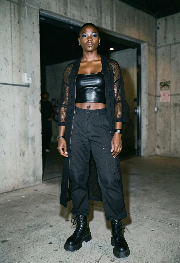 A 29-year-old Black non-binary person with a serene yet intense aura, a fixture in Berlin's underground techno scene.