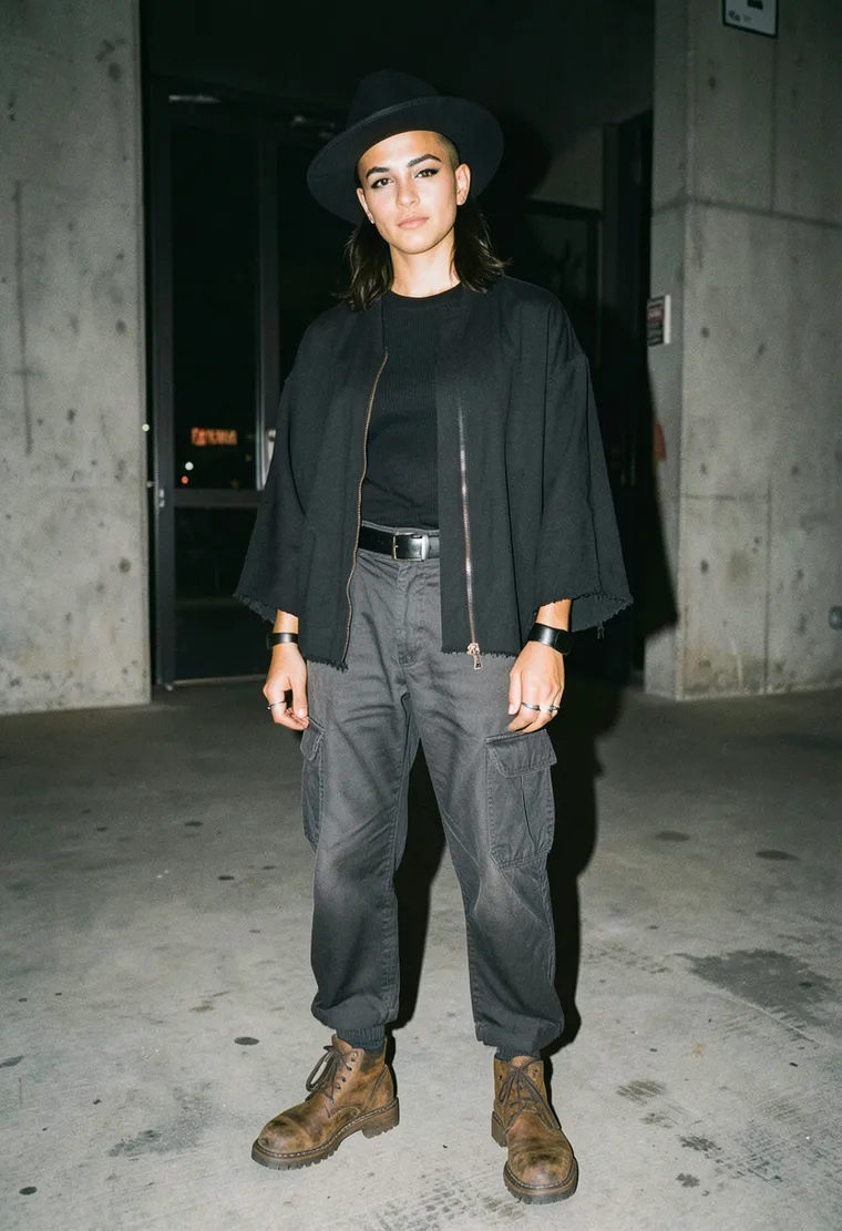 33-year-old nonbinary Berlin DIY fixture, olive skin, short shaved sides and long top dyed charcoal, radiating low-key techno serenity.