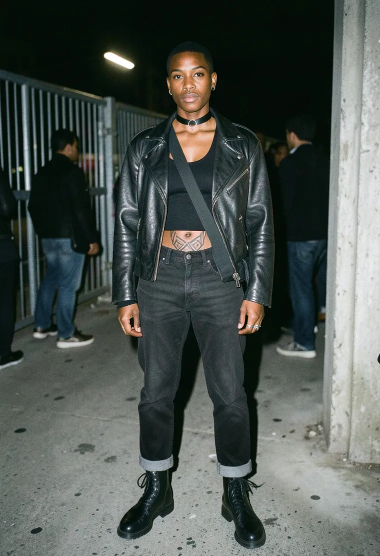 32-year-old queer Black non-binary London transplant living in Neukölln, calm but intense, proper techno head who’s clearly been raving for years, not a tourist vibe at all.