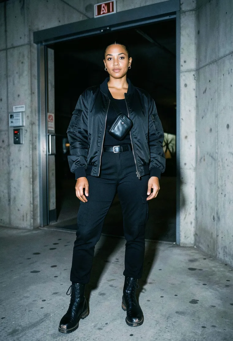 34-year-old queer Afro-German sound engineer, calm intense energy, looks like she just left a warehouse gig, no tourist vibe