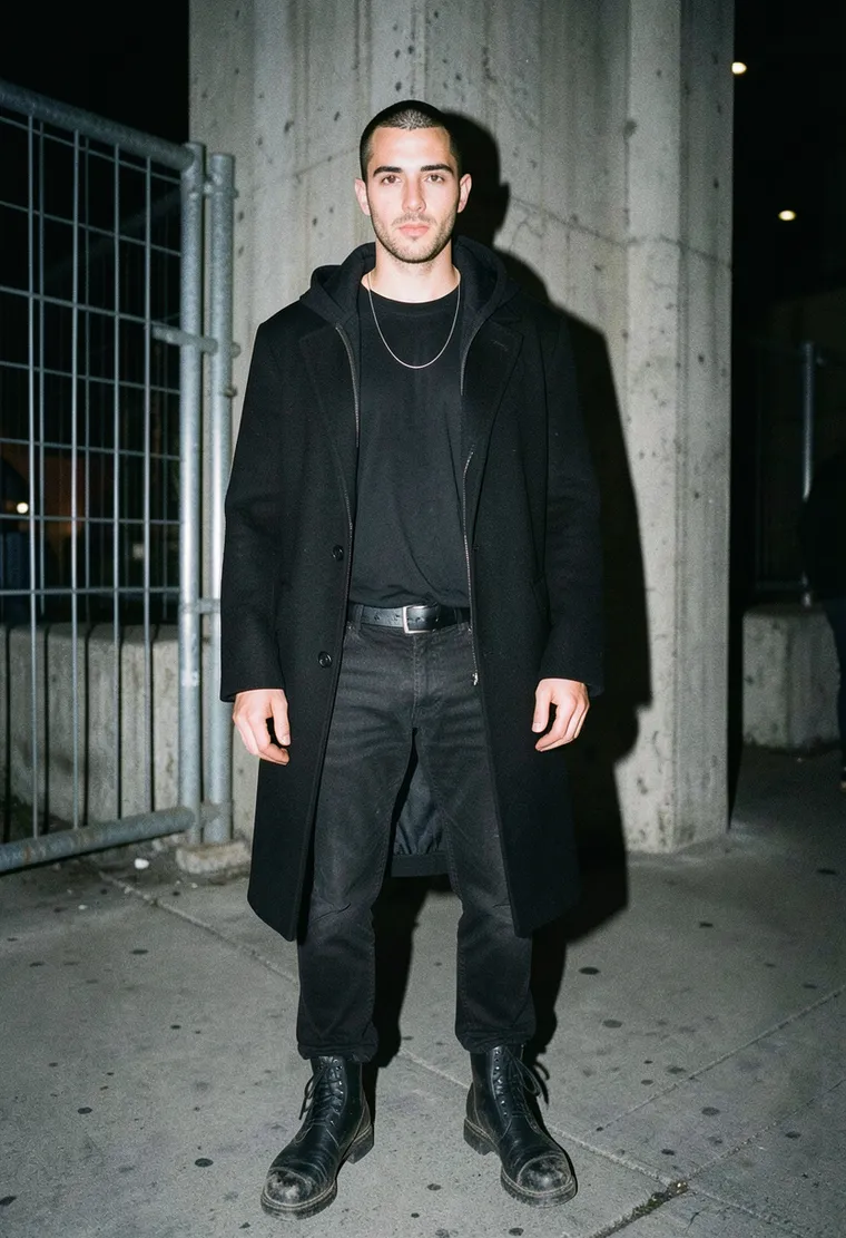 32-year-old Turkish-German man, lean, slightly tired eyes, understated techno regular energy
