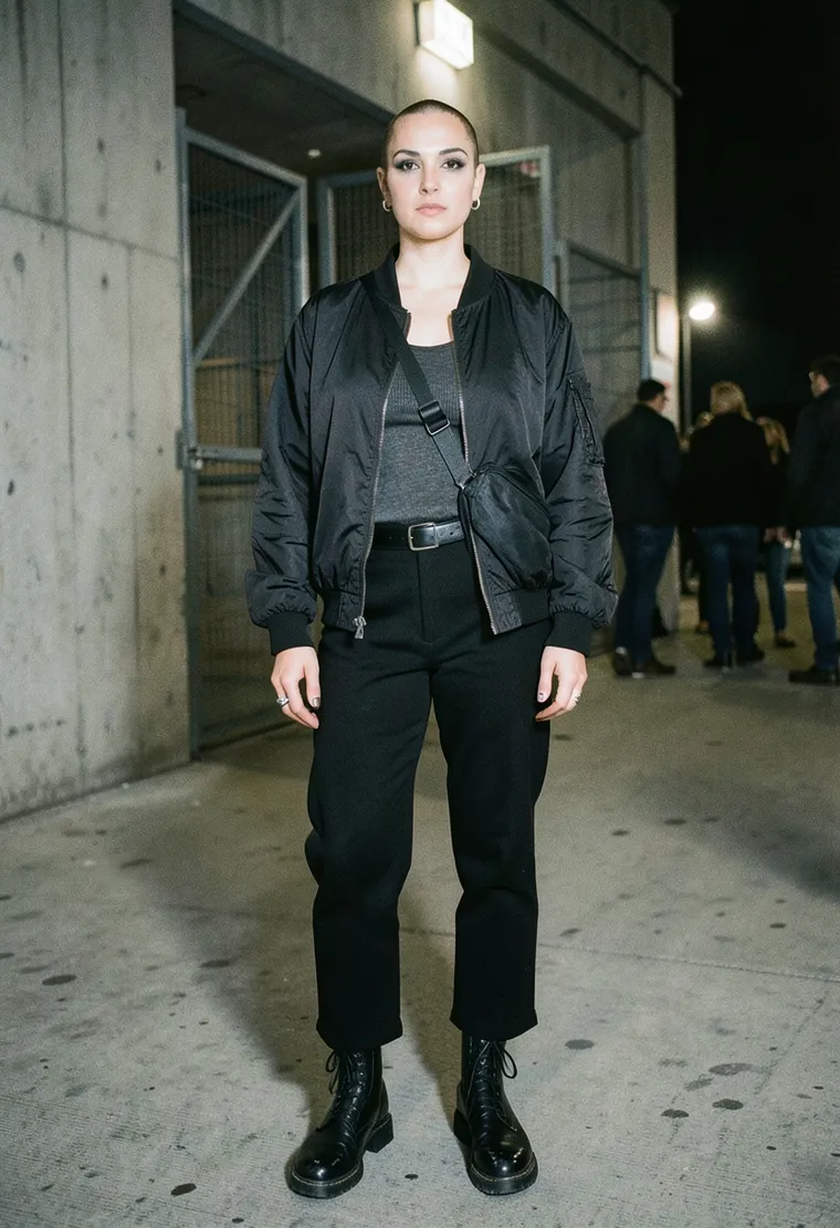 32-year-old Turkish-German queer woman with a shaved head and calm, unreadable energy; looks like she came for music, not photos.
