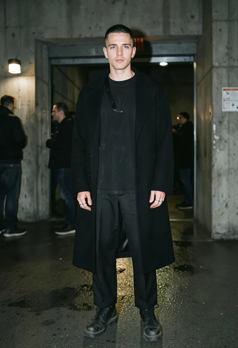A 31-year-old queer German-Turkish sound designer with shaved sides, tired eyes, and calm, low-key club-kid confidence.