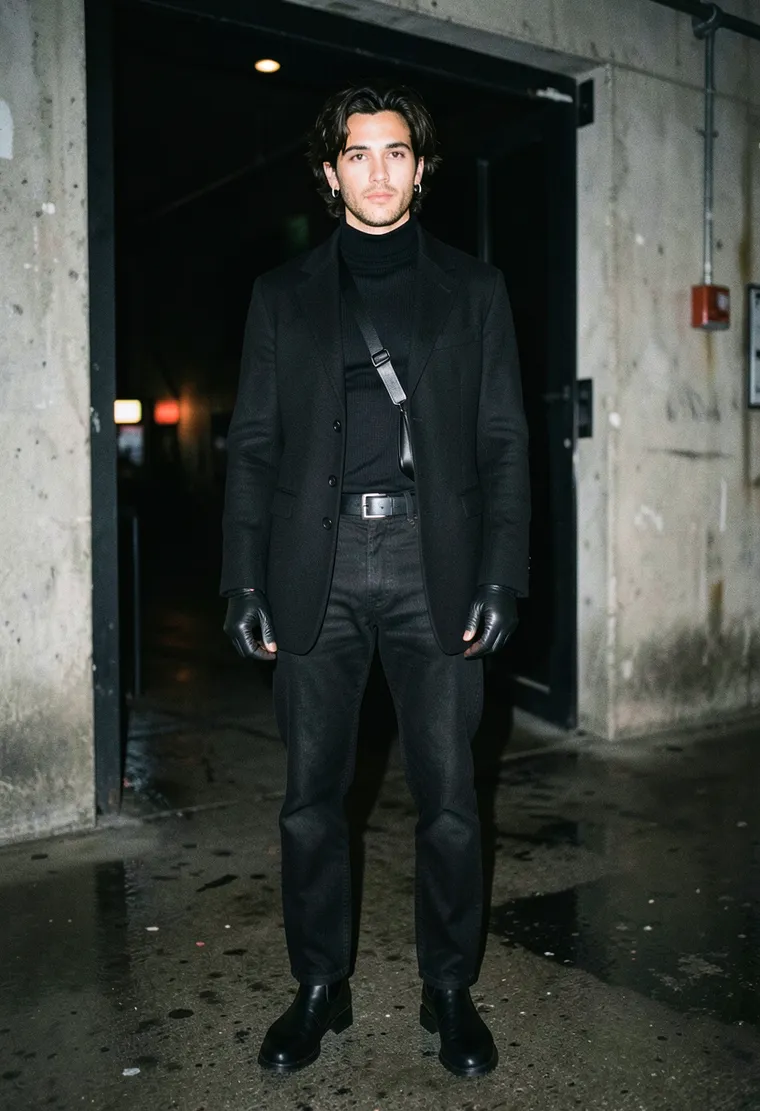34-year-old queer Latinx nonbinary techno head with calm, grounded energy—quiet confidence, no performance, hair slightly messy, eyes focused like they already know where the energy goes.