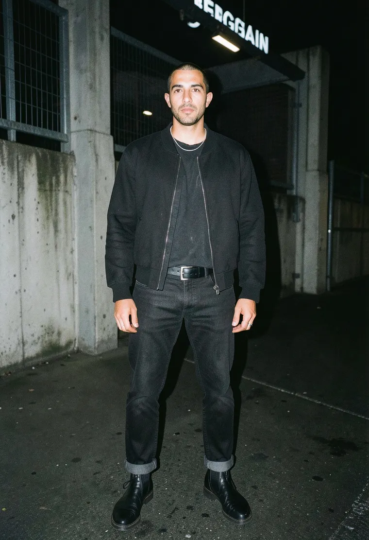 32-year-old Turkish-German man, lean and sleep-deprived-looking in the right way, quiet Kreuzberg techno lifer energy, zero try-hard