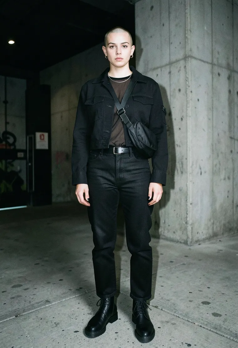 34-year-old Turkish-German nonbinary techno lifer, shaved head, calm eyes, quiet industrial energy, looks like they came alone and know exactly why.