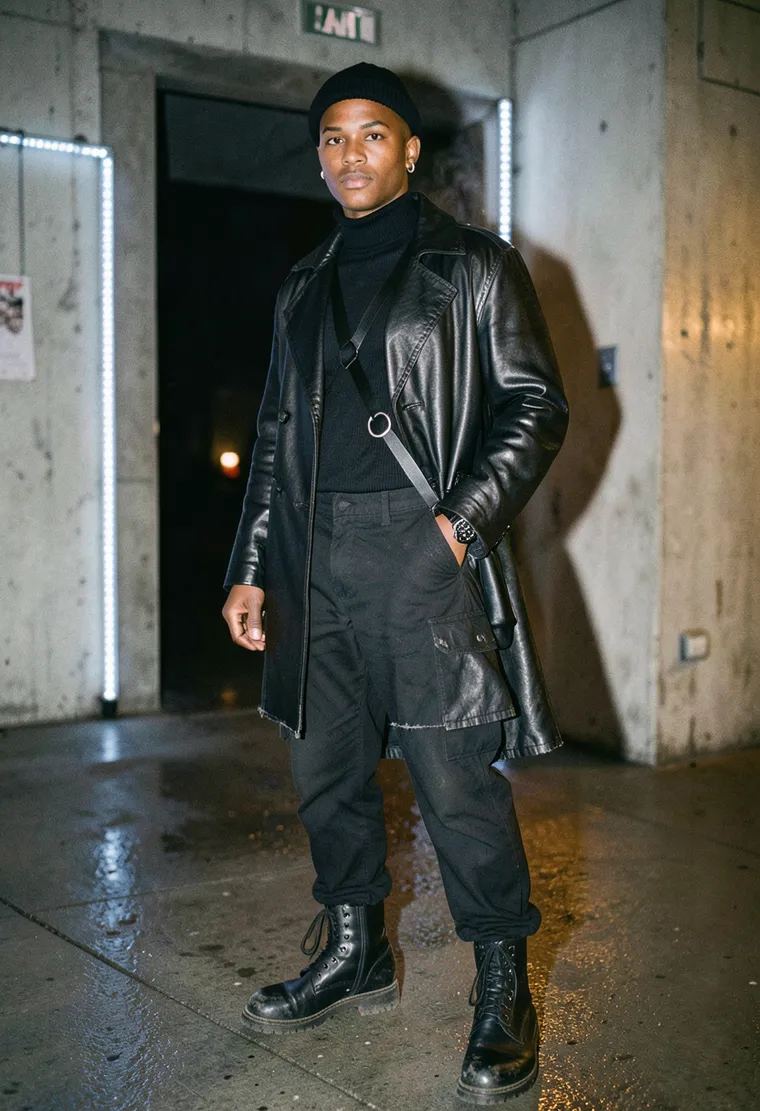 29-year-old non-binary Afro-German DJ (warm dark brown skin, shaved sides with a short textured top), calm, quietly confident Berlin-night energy