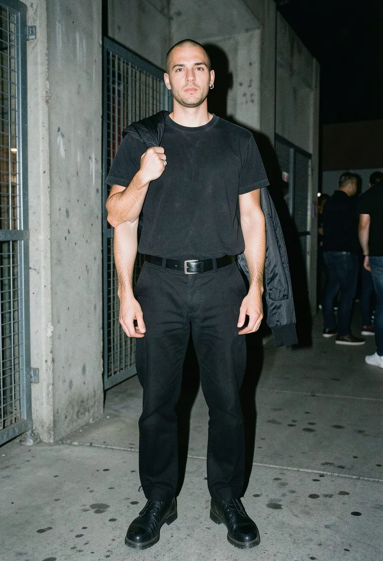 34-year-old Turkish-German man, lean build, shaved head, quiet veteran techno-head energy, looks like he just came from a 10-hour warehouse set rather than a fashion shoot
