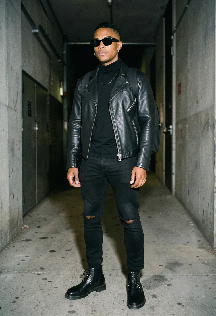 32-year-old queer German-Jamaican, 5'8" tall, with shaved black sideburns and a single small gold hoop earring, radiating a calm, purposeful energy