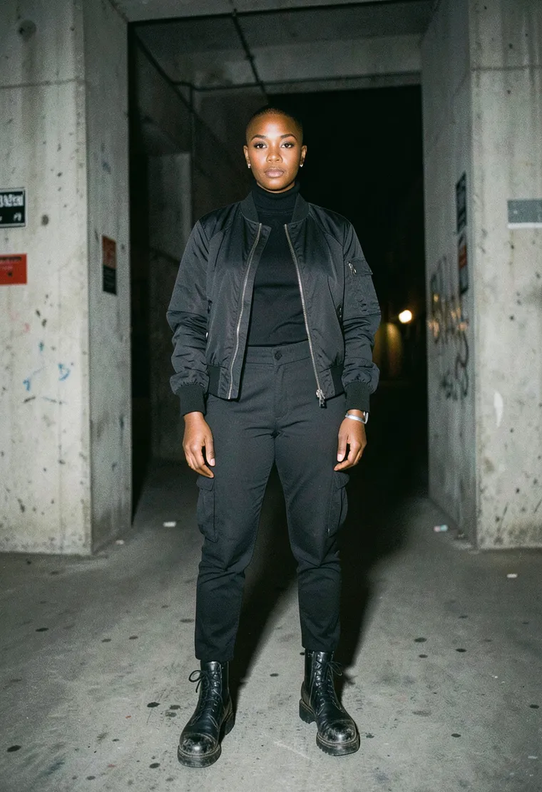 32-year-old queer Black trans woman with a shaved undercut and a calm, steely gaze that radiates underground techno authenticity.