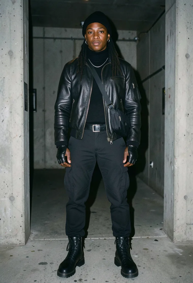 32-year-old non-binary Black techno DJ, calm confidence, understated but edgy energy