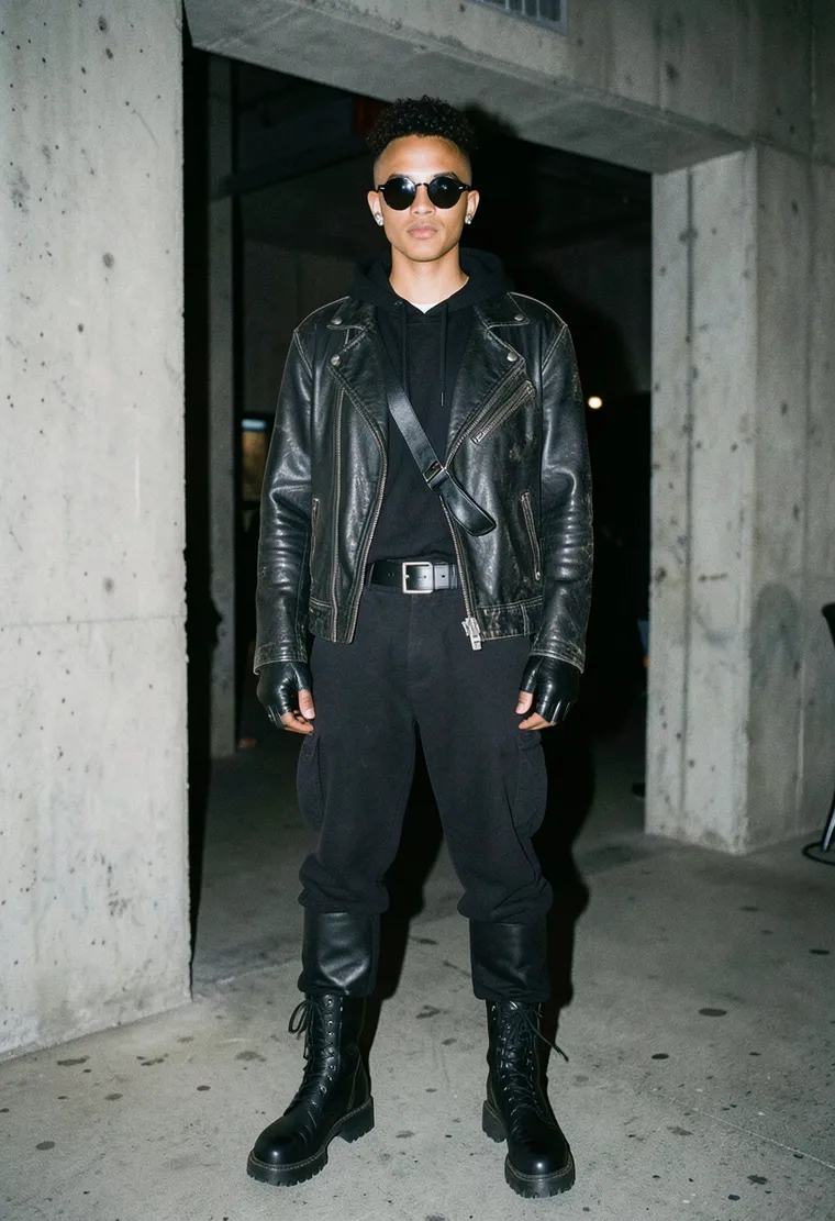 27-year-old mixed-race non-binary goth-techno dancer, quiet confidence and intense gaze