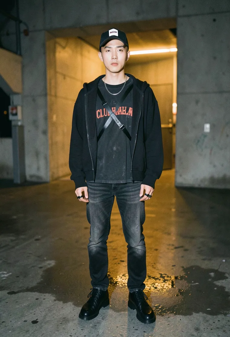34-year-old queer South Korean DJ with a shaved sidecut, perpetually mid-weekender energy, slim-lean build, and unshakable calm.
