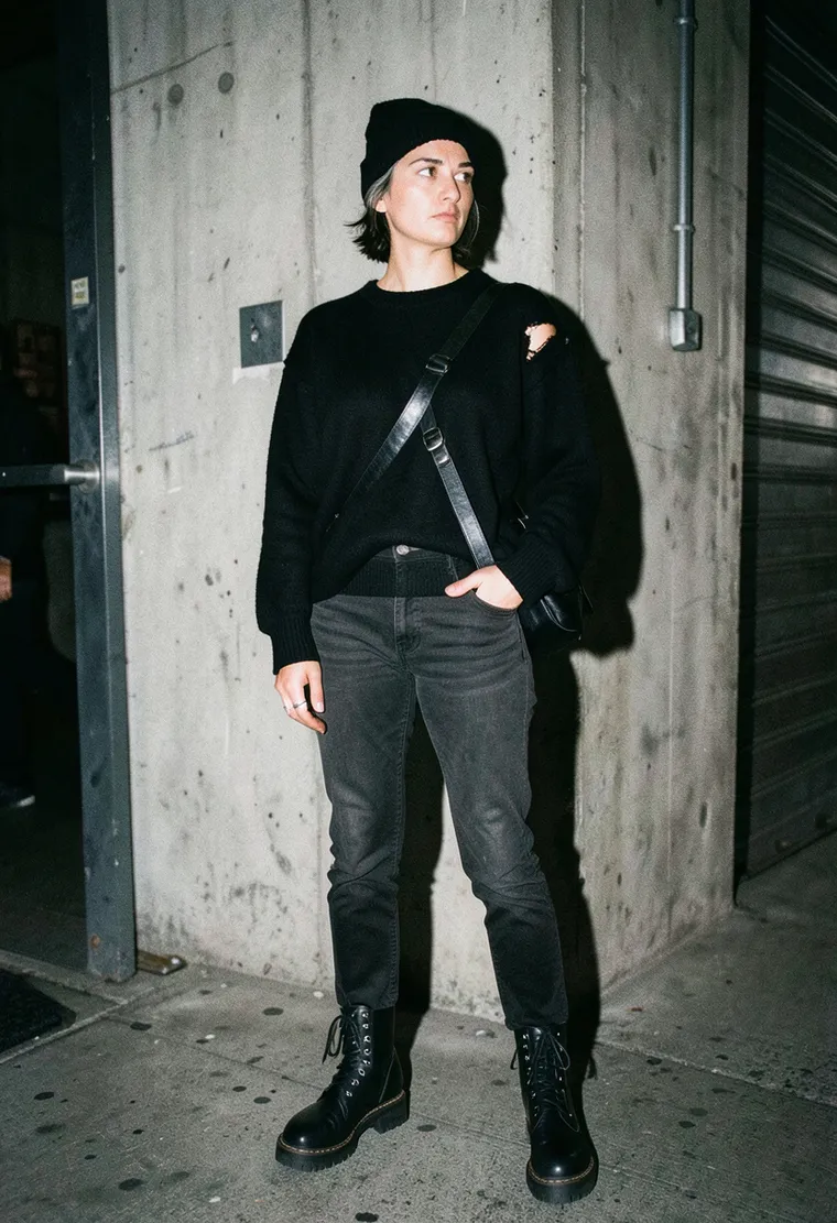 A 34-year-old cis-woman of Turkish-German heritage, wiry frame, expressionless sharp gaze, worn leather jacket slung like a second skin, the kind of person who’s been dancing here since the Ostgut days and now lives three U-Bahn stops away.