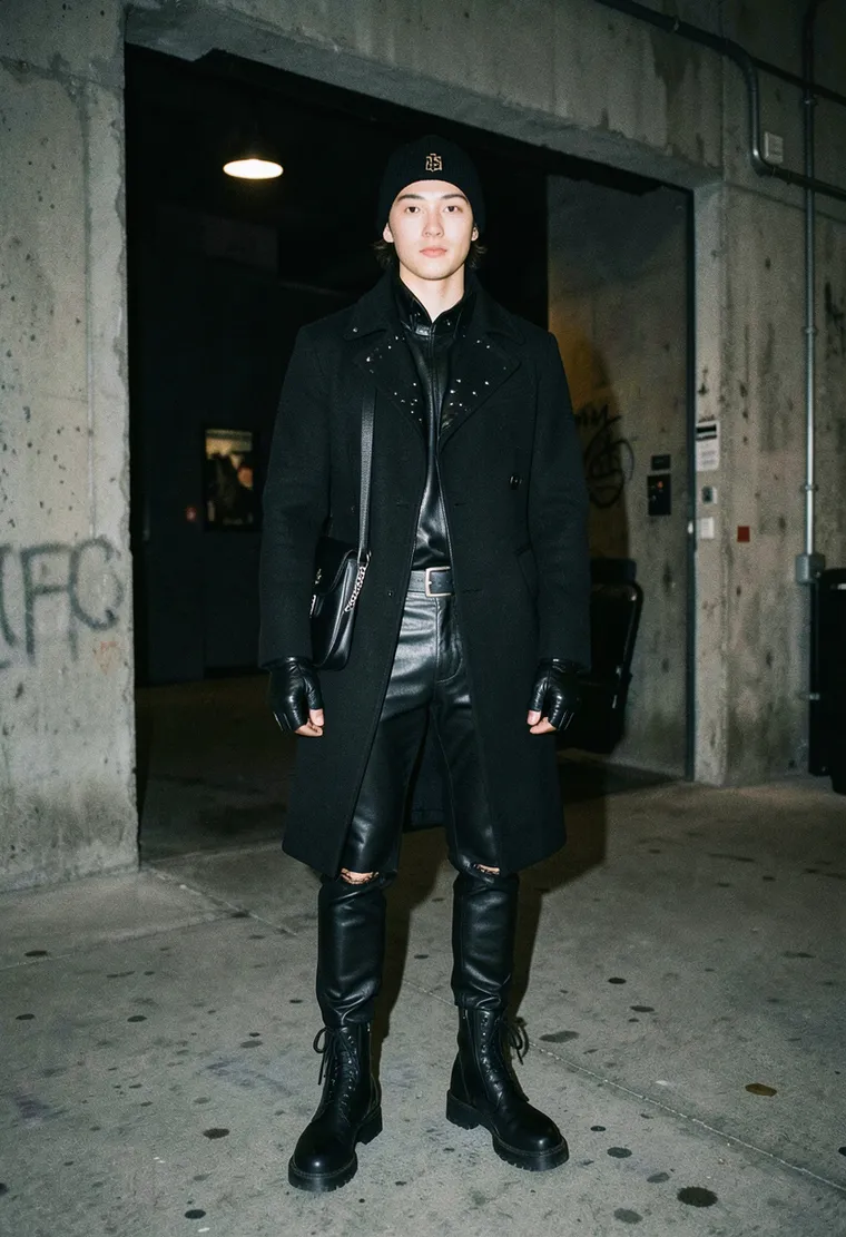 A 32-year-old non-binary person of mixed Asian and European descent, with a calm and confident demeanor, embodying a blend of industrial and techno aesthetics.
