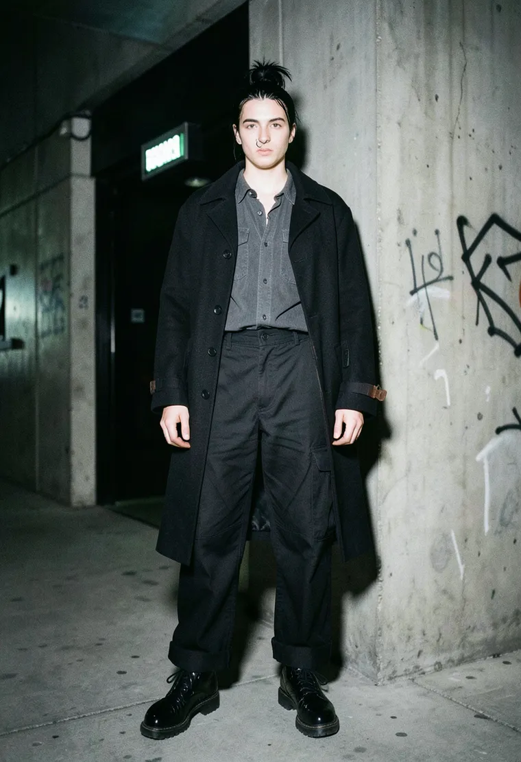 28-year-old non-binary Romanian-German queer techno purist with a quiet, intense presence and oil-slick hair, seen three Sundays out of four at Trauma Bar