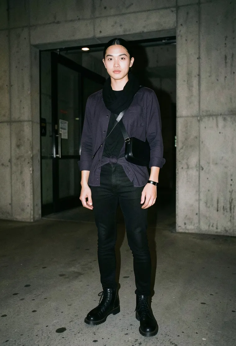 A 34-year-old genderqueer individual of mixed Asian-European descent with an air of artistic sophistication