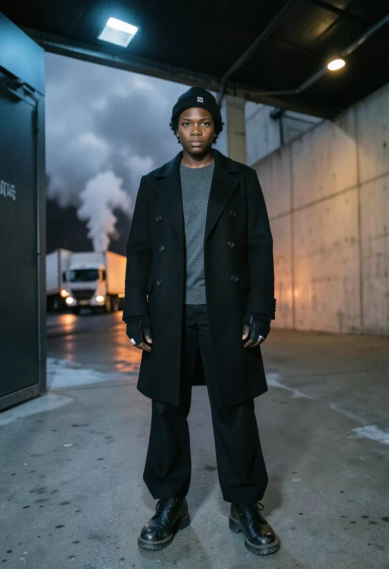 A 34-year-old Black non-binary techno veteran from Kreuzberg with weathered, calm energy—silent, observant, moving like they’ve walked through every Berlin winter and still haven’t lost their chill.