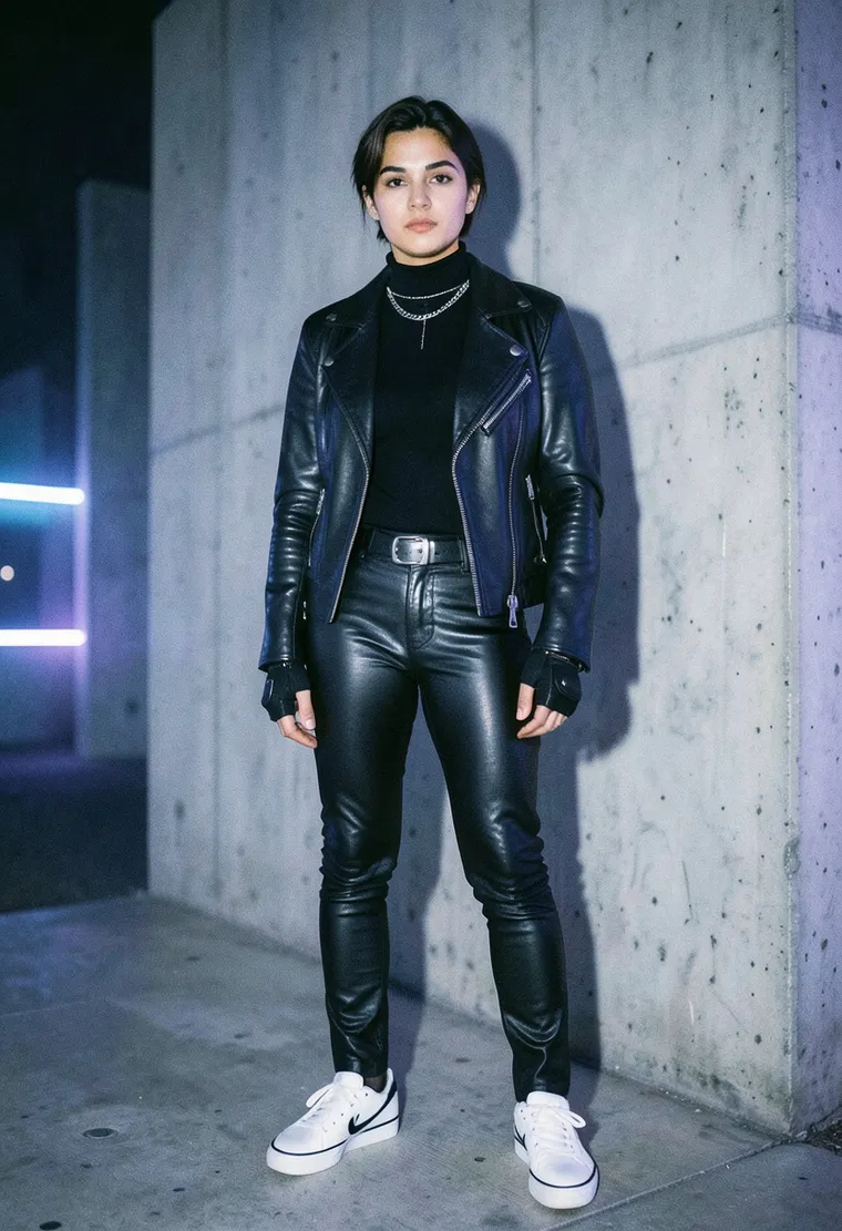 A 28-year-old non-binary queer Latinx art student with a sharp, minimalist aesthetic and a calm, self-assured energy.