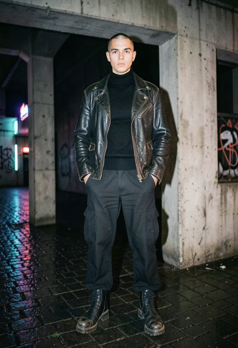 34-year-old queer Berliner with a shaved undercut and cold gaze, carrying the silent authority of someone who has spent ten years in the warehouse circuit