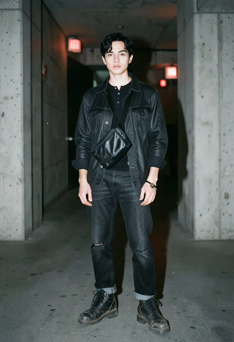 29-year-old androgynous mixed-heritage techno regular with a quiet, unbothered gaze and the grounded posture of someone who has spent weekends at Säule.