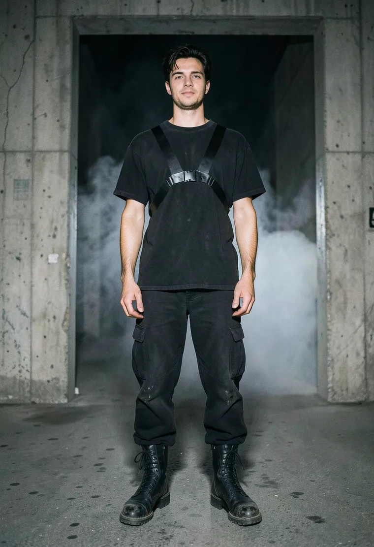 32-year-old Eastern European queer techno regular, exuding a quiet, weathered, unbothered intensity with subtle industrial subculture credibility.