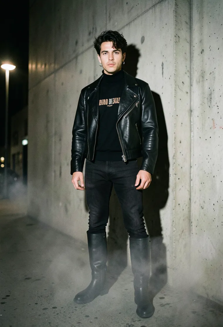 28-year-old German queer techno head with a calm, unassuming energy, wearing a weathered leather jacket and minimal jewelry