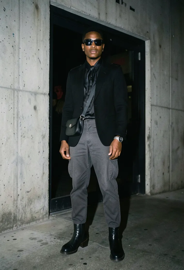 28-year-old non-binary trans person of color with a sharp queer techno aesthetic, wearing a sharp black leather jacket with silver zippers, dark hair in a precise bob, no visible logos or brands, clean-shaven face showing a quiet, self-assured intensity