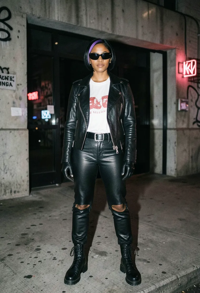 28-year-old non-binary trans woman of color with punk-techno aesthetic, wearing vintage band t-shirts, thrifted leather, and a sharp black leather jacket that costs more than most people's monthly rent