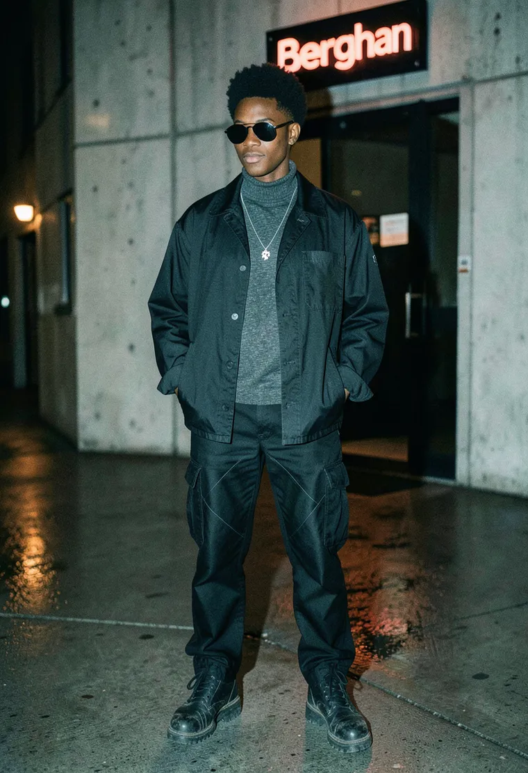 a 34-year-old Black nonbinary techno DJ from Neukölln with a calm, grounded energy and a slight smirk—like they've played 4 hours at Säule last night and still look sober