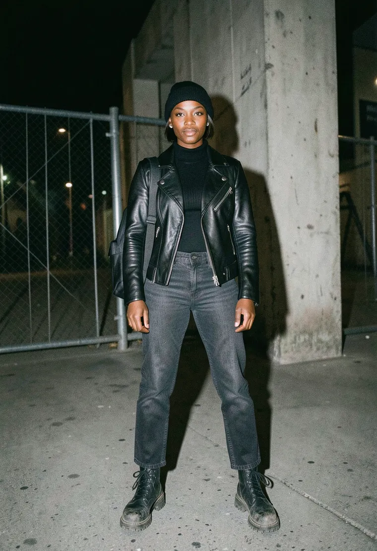 28-year-old non-binary Black woman with sharp angular features, seasoned club kid who lives for underground techno but keeps an effortlessly cool industrial edge