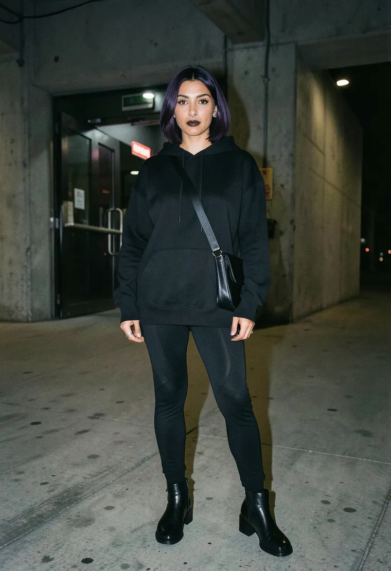 28-year-old Moroccan-German woman with androgynous energy, deep into minimal techno, rejects fashion trends