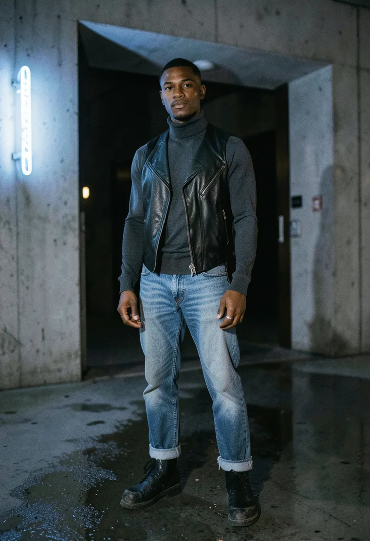 A 32-year-old Black queer technophile with the quiet intensity of someone who’s slept in a bunker after 72 hours of minimal wave at Tresor, eyes like they’ve seen the end of the rave.