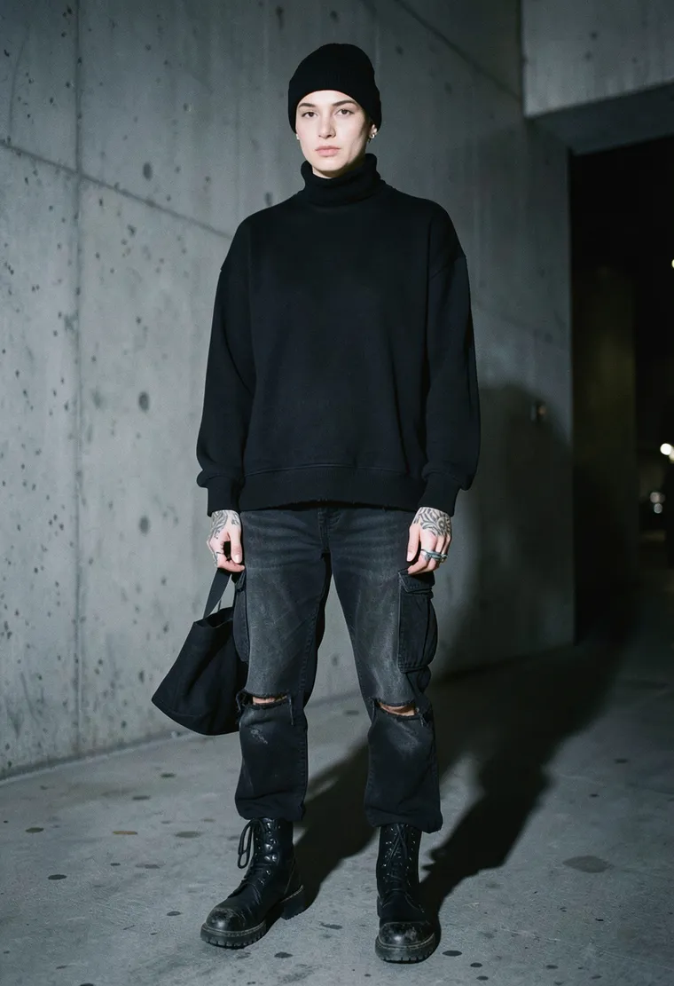 32-year-old non-binary East Berlin queer techno archivist with a shaved undercut, inked knuckles, and a calm, observant energy.
