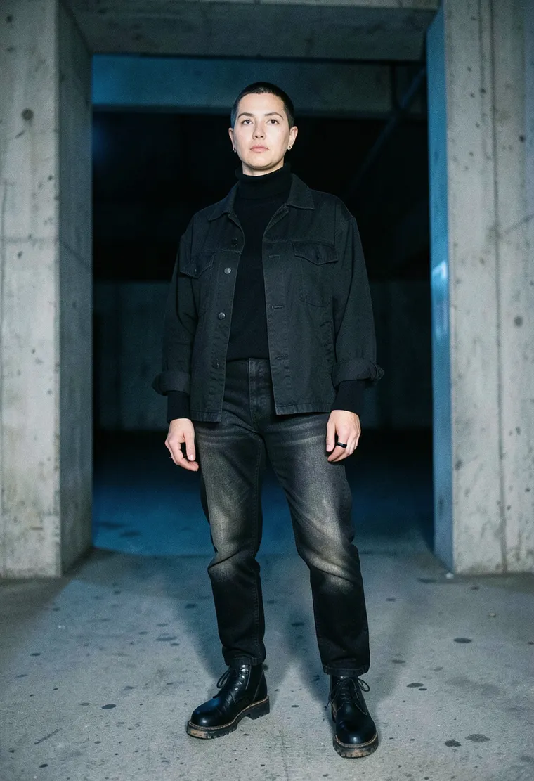 38-year-old non-binary Polish-German sound engineer with 15 years of Berghain history, radiating calm focus like they're mentally mixing the next track