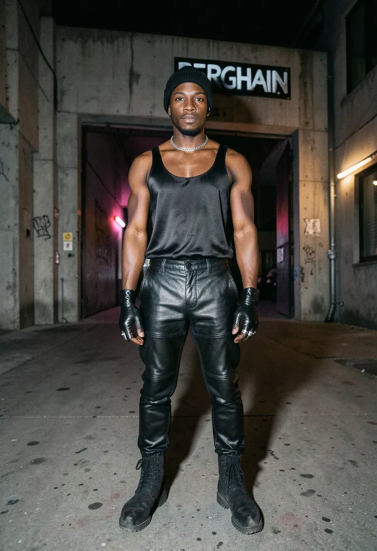 32-year-old queer techno head, dark-skinned, lean, moves like a ghost in the dark, calm but radiating bassline presence