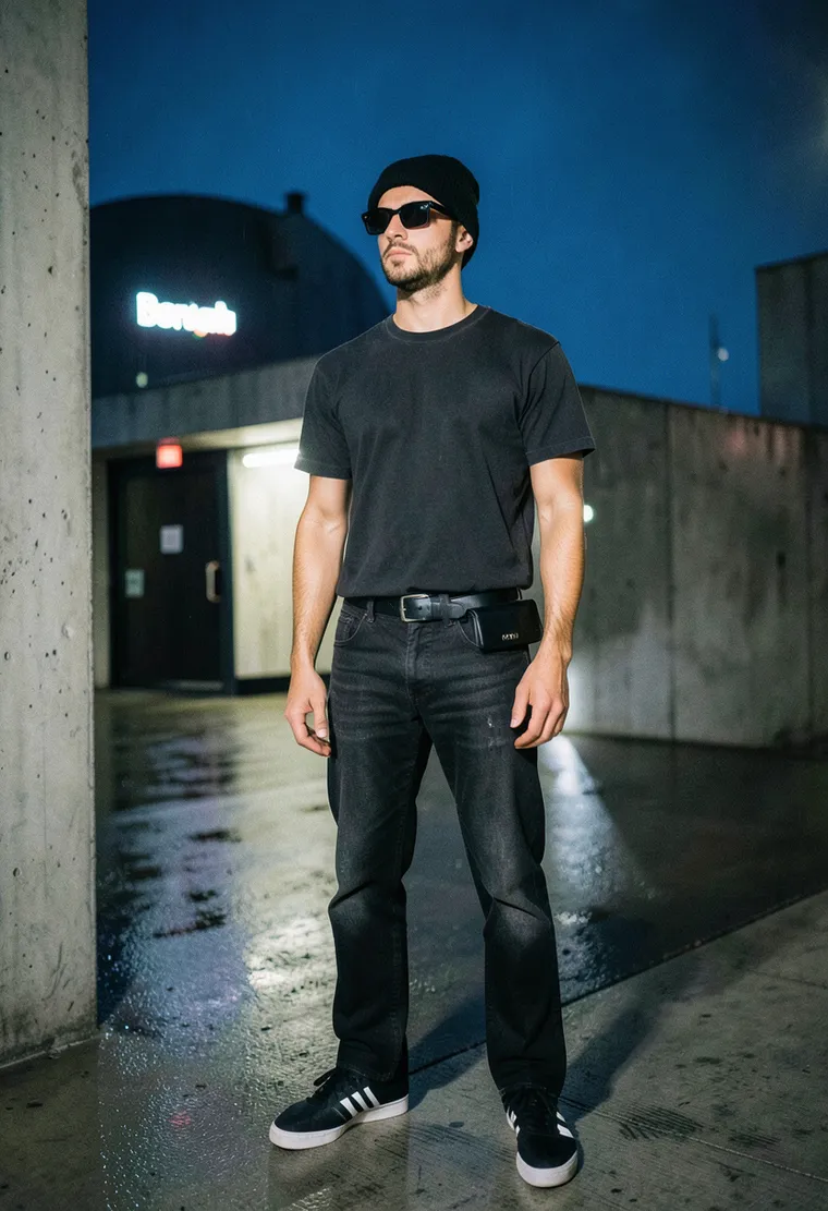 a 29-year-old Turkish queer techno head with calm, experienced energy, subtle beard stubble, and no visible tattoos