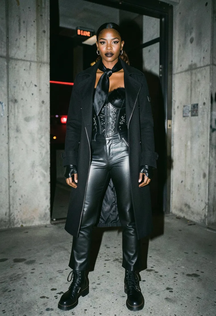 28-year-old non-binary trans femme of color with dark skin, wearing a sleek black leather corset bodice with subtle silver thread embroidery, paired with high-waisted black leather pants that have a slight flare, black combat boots with silver buckles, and a long black trench coat with asymmetrical zipper closure
