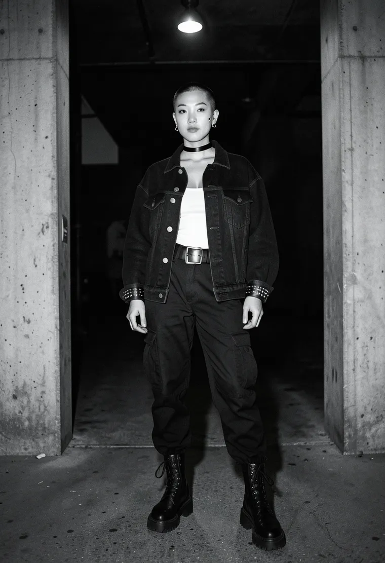 25-year-old queer, East Asian woman with black hair in a buzzcut, numerous facial piercings, and an androgynous, angular energy