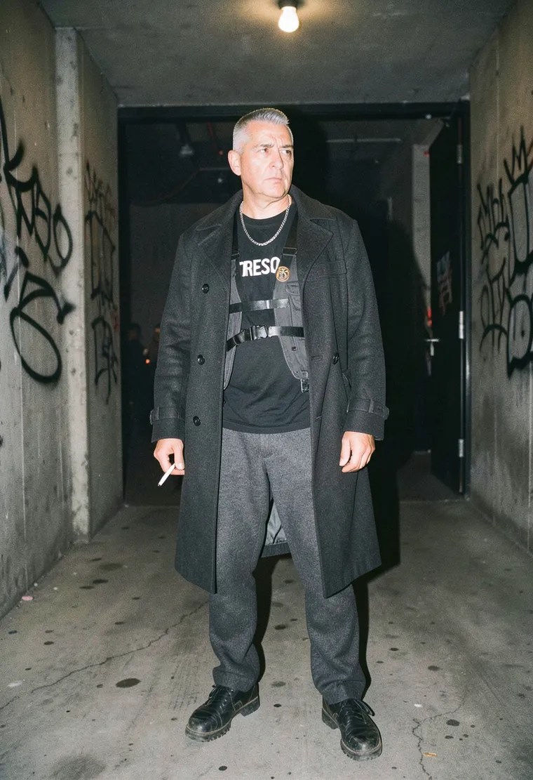 52-year-old non-binary person of Turkish-German descent, long-time Berliner, sharp cheekbones and tired eyes, silver-streaked undercut, quiet androgynous energy, exudes a 'I belong here' stillness