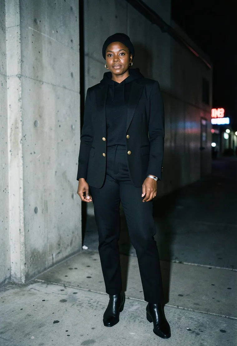 42-year-old queer woman of West African descent, carries herself with effortless cool and quiet intensity, exudes unshakeable self-assurance, like she owns the night.
