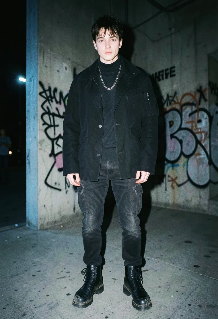 A 32-year-old gender-fluid industrial technician of Eastern European descent with a 'lived-in' techno aesthetic, exuding a quiet, intimidating focus.