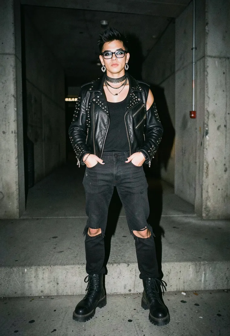 A 28-year-old queer mixed-race genderqueer punk in ripped jeans, black leather jacket, and dark kohl-rimmed eyes.