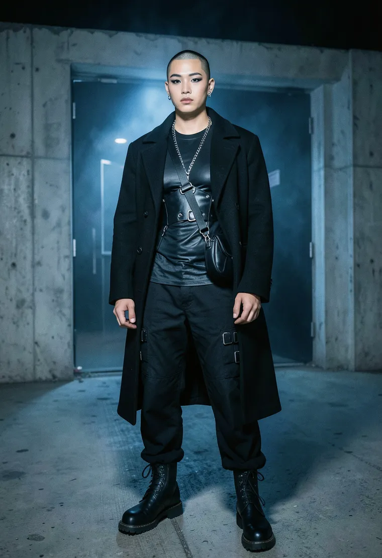 34-year-old non-binary Korean-German industrial techno regular, stoic with grounded intensity