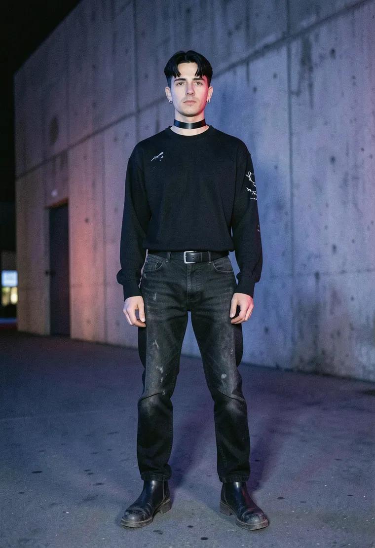 37-year-old East-Berlin queer techno head, mixed German/Turkish, androgynous, calm and slightly tired eyes, zero attitude